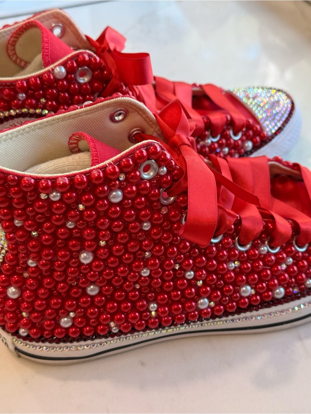 Converse Red Crystal & Pearl High-Top Sneakers - Picture 4 of 8